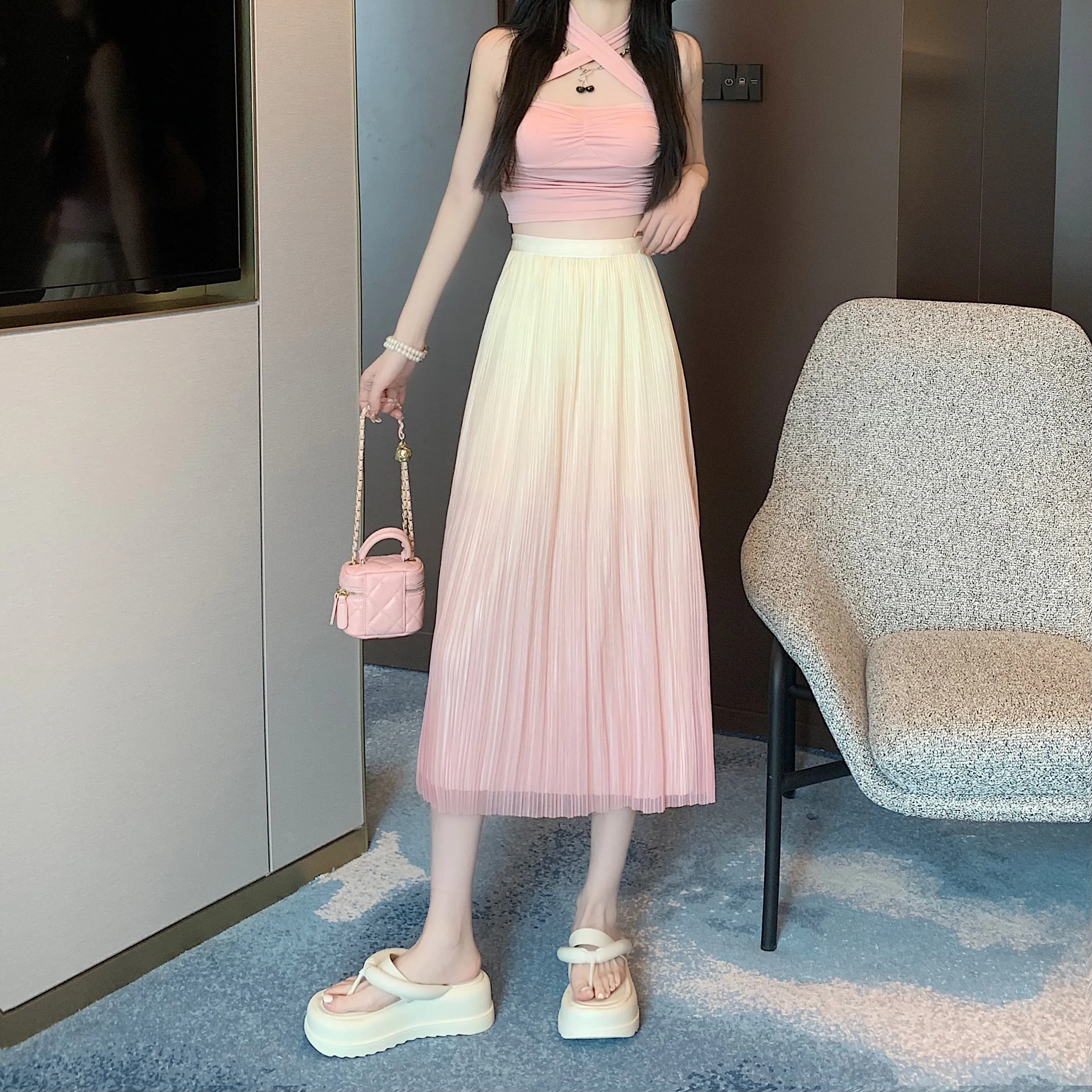 A-Line Draping Full Skirt Slimming Gradient-Color Pleated Skirt