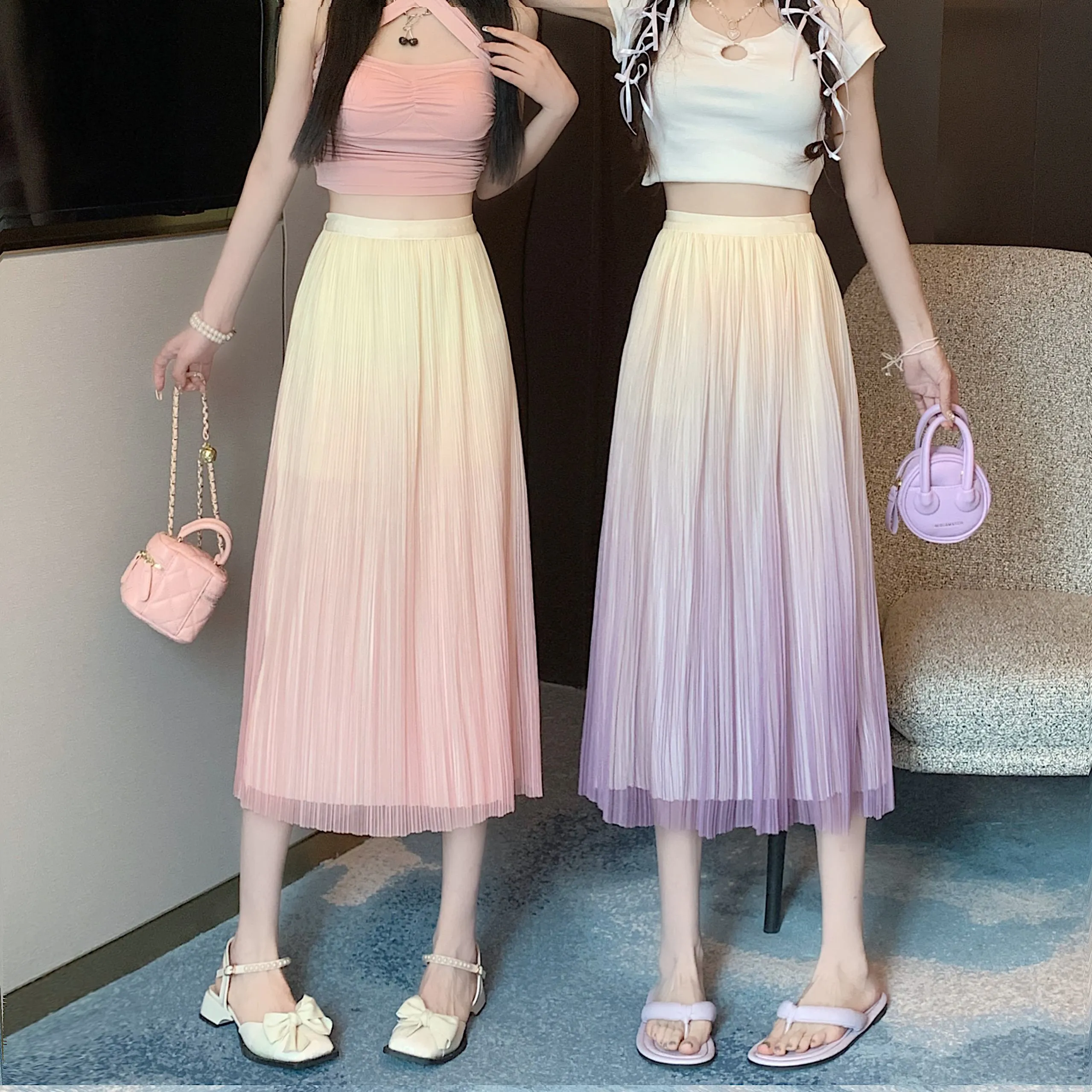 A-Line Draping Full Skirt Slimming Gradient-Color Pleated Skirt