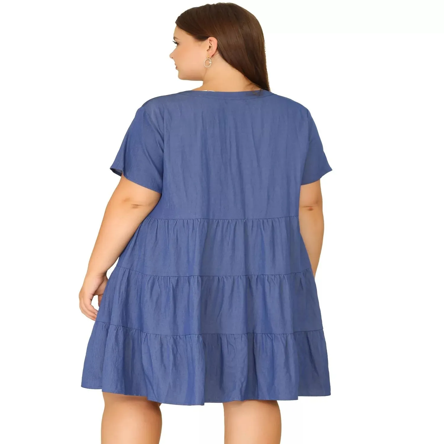 Agnes Orinda Women's Denim Tiered Chambray Midi Dress Plus Size Short Sleeve ,  blue