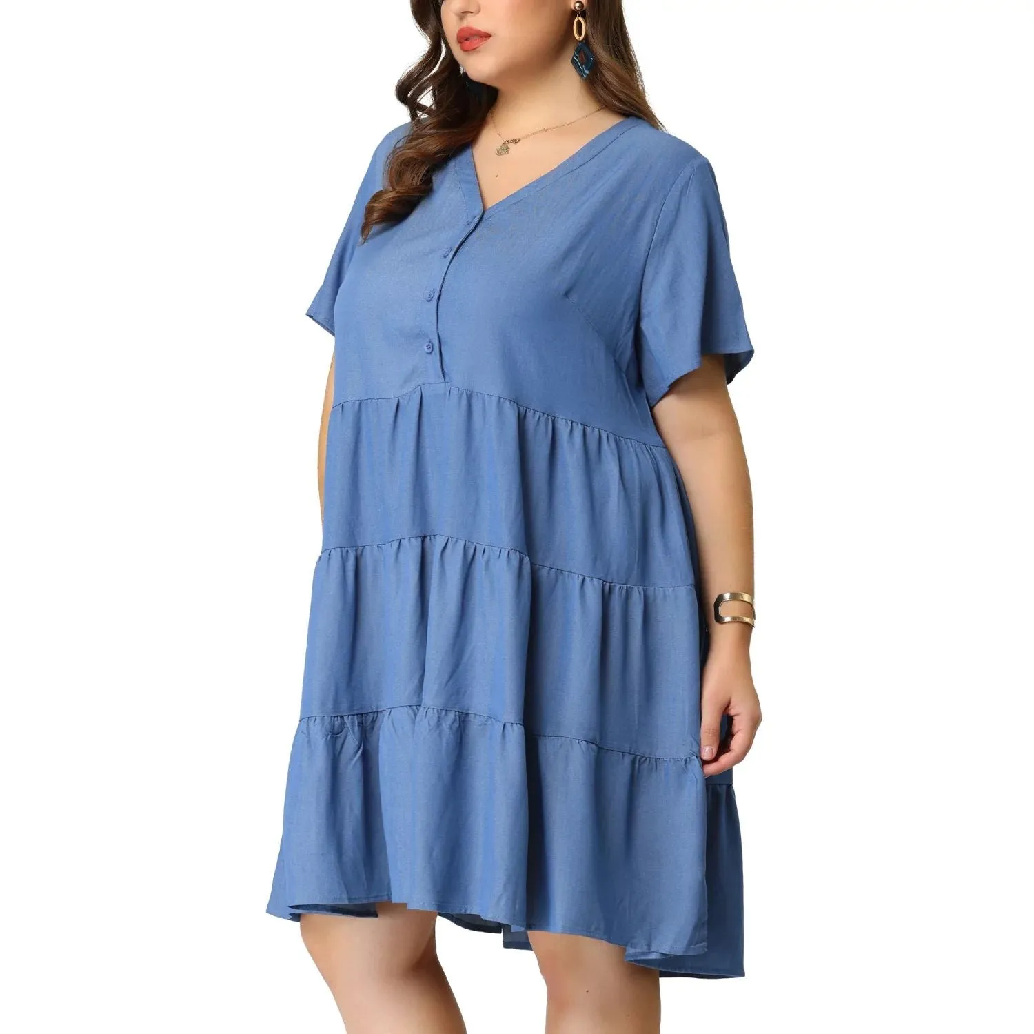 Agnes Orinda Women's Denim Tiered Chambray Midi Dress Plus Size Short Sleeve ,  blue