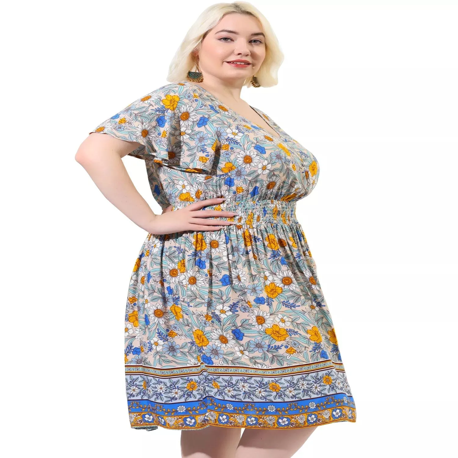 Agnes Orinda Women's Plus Size Boho Floral Party Midi Dress , dark blue