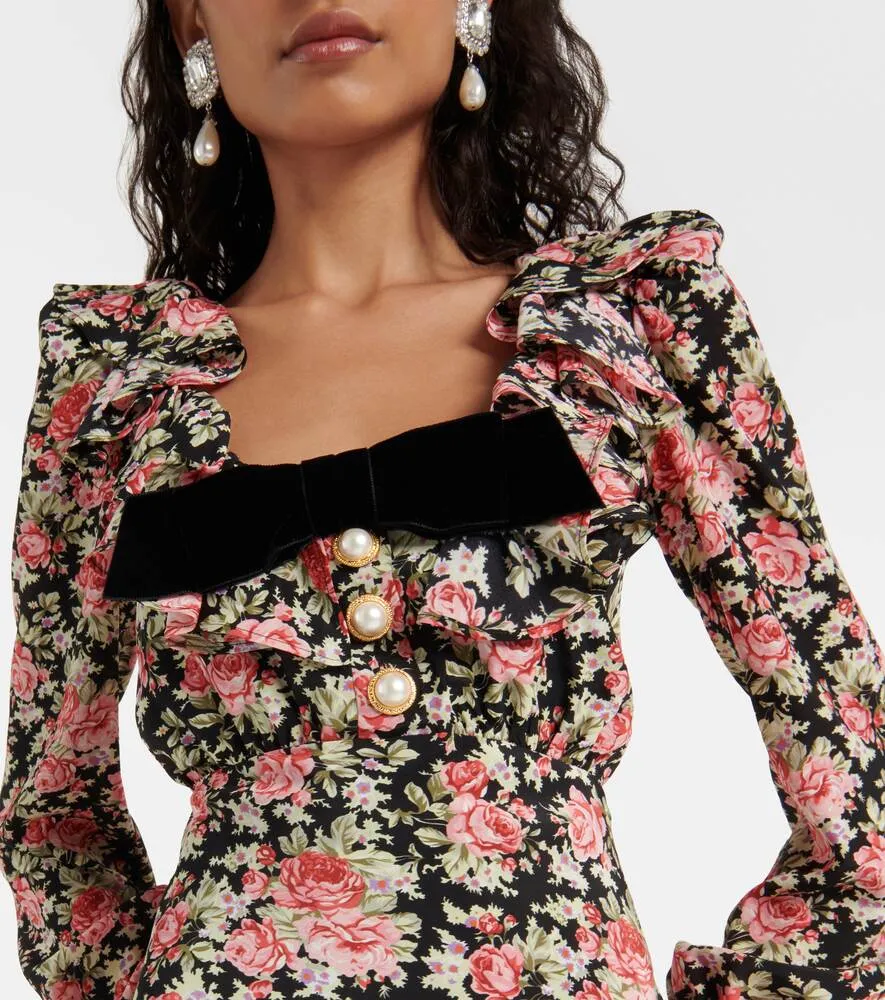 ALESSANDRA RICH silk mini dress with floral print, black