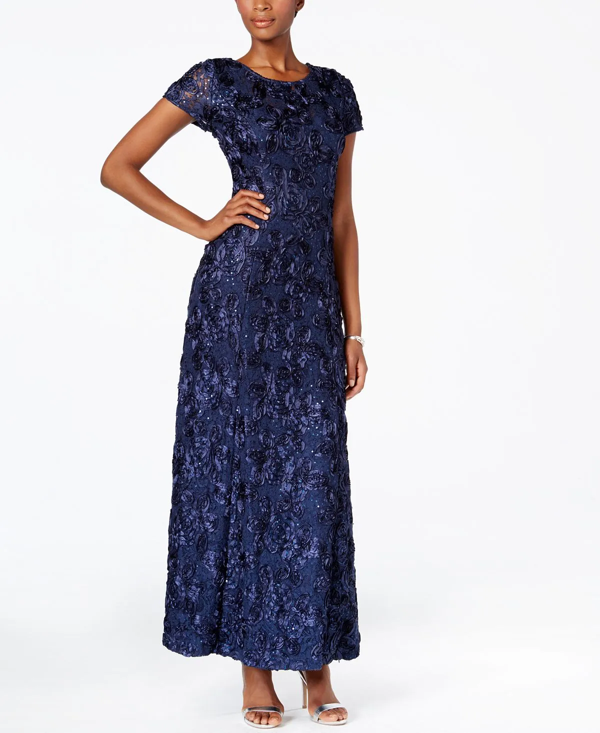 Alex Evenings A-Line Rosette Dress, Navy