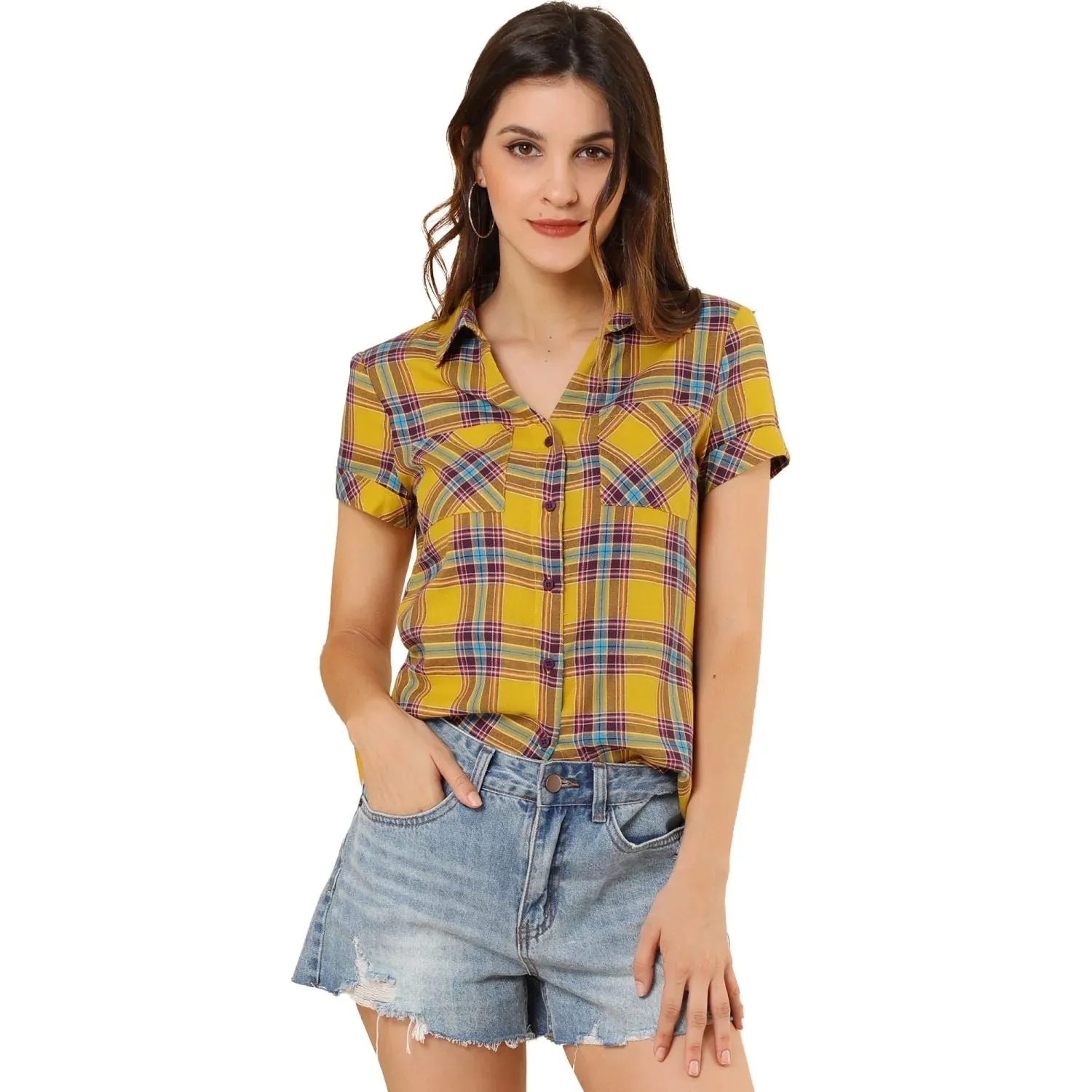 ALLEGRA K Women's Cotton Plaid Short Sleeve Button Front Boyfriend Shirt ,  yellow