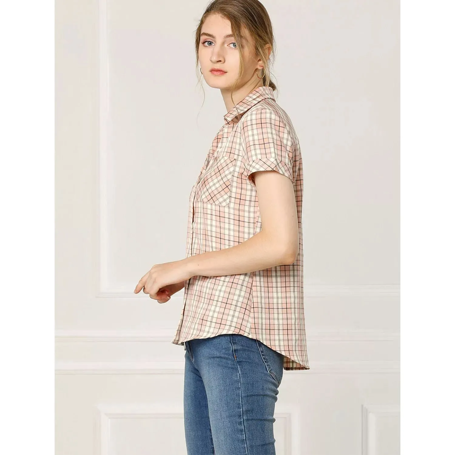 ALLEGRA K Women's Cotton Plaid Short Sleeve Button Front Boyfriend Shirt ,  yellow