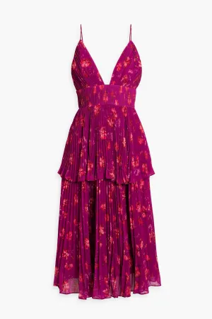 AMUR crêpe de Chine pleated tiered midi dress, purple