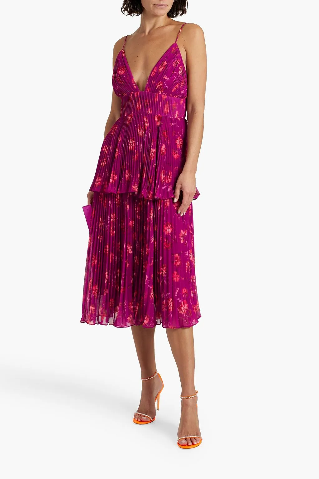 AMUR crêpe de Chine pleated tiered midi dress, purple