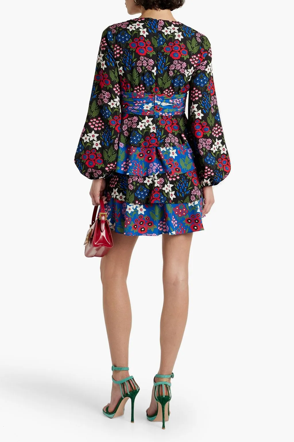 AMUR tiered crepe mini dress with ruffles and floral print, blue