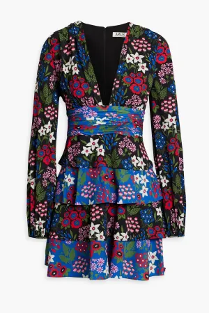 AMUR tiered crepe mini dress with ruffles and floral print, blue