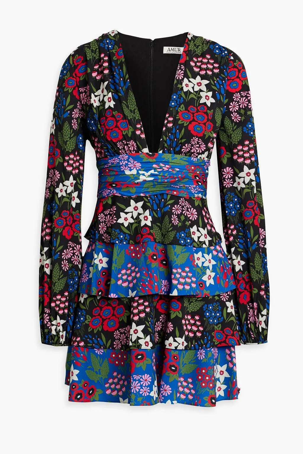 AMUR tiered crepe mini dress with ruffles and floral print, blue