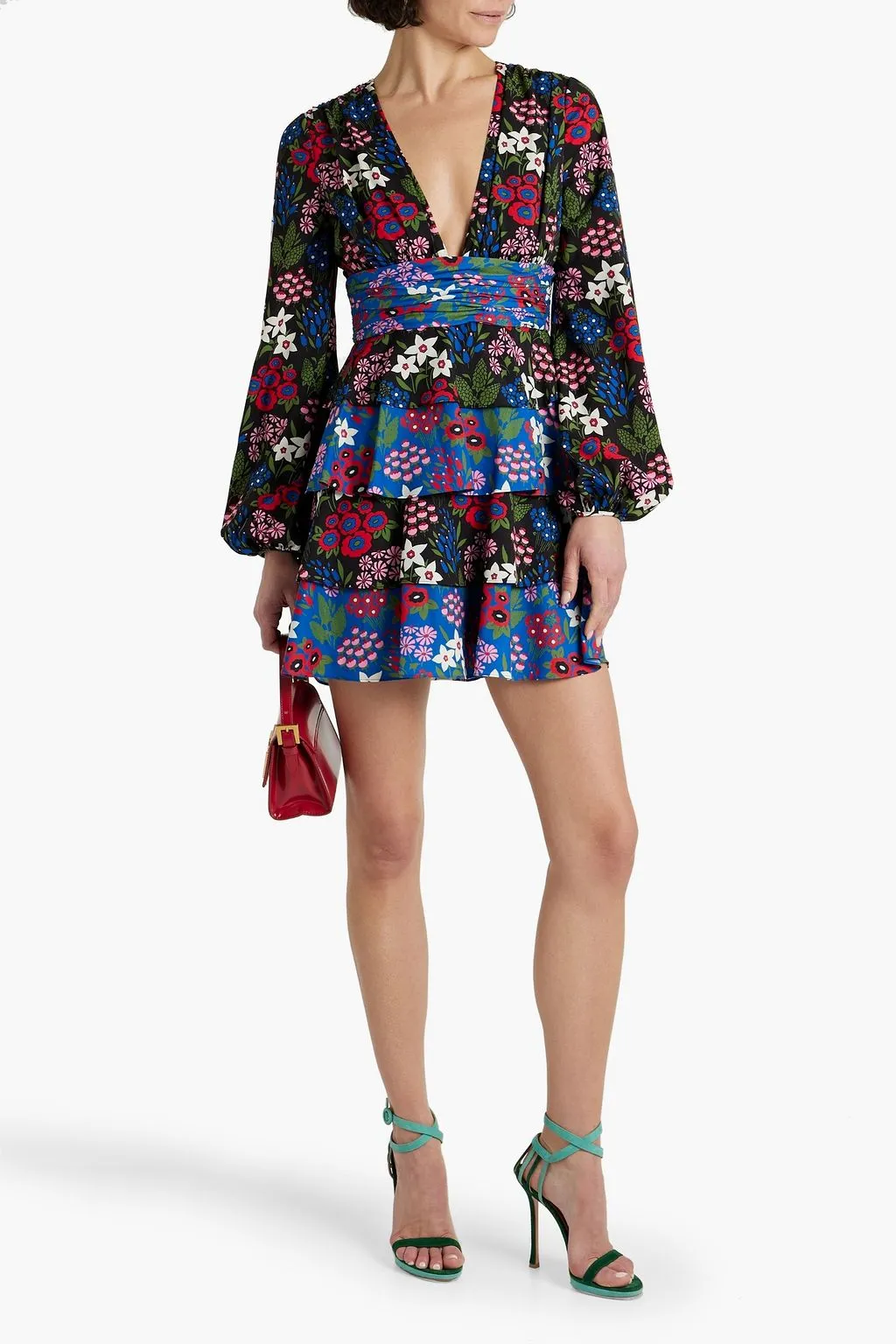 AMUR tiered crepe mini dress with ruffles and floral print, blue