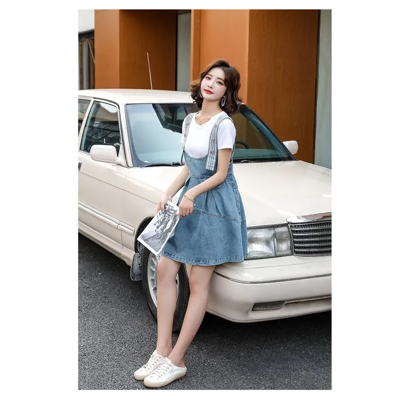 Belly-Covering Suspender Preppy Style Plus A-Line Two-Piece Set Pinafore Denim Skirt