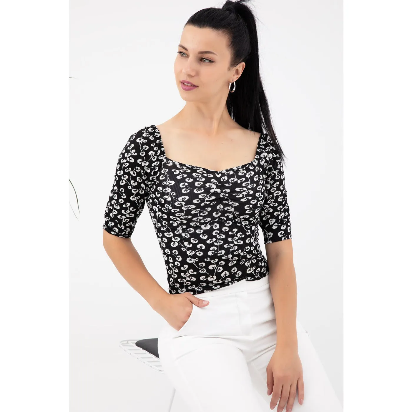 Black Floral Square Neck Top