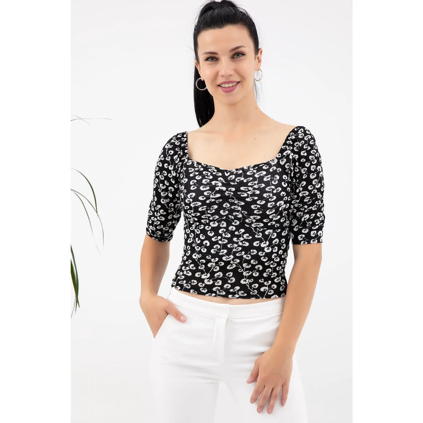 Black Floral Square Neck Top