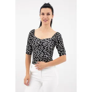 Black Floral Square Neck Top