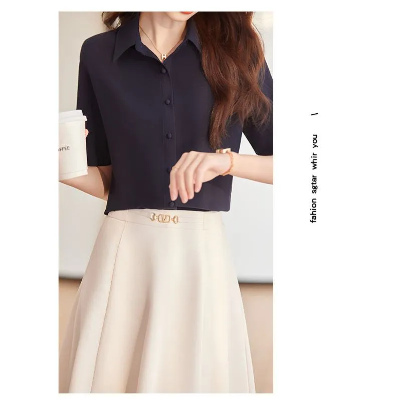Button Thin Short Sleeve Chiffon Shirt