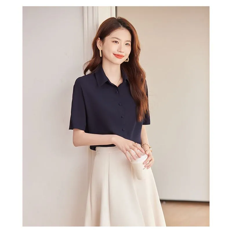 Button Thin Short Sleeve Chiffon Shirt