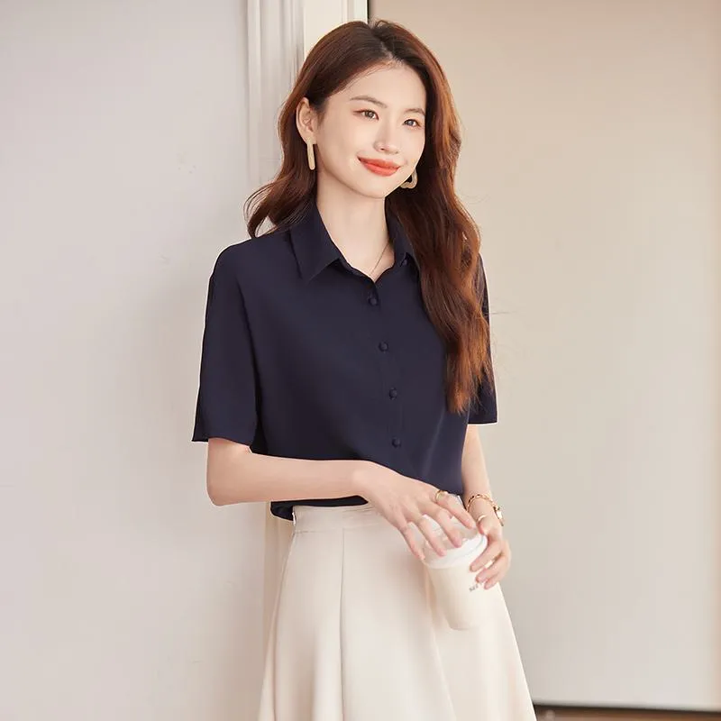 Button Thin Short Sleeve Chiffon Shirt