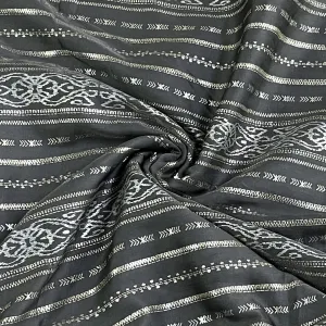 Classic Grey Gold Stripes Foil Print Silk Fabric
