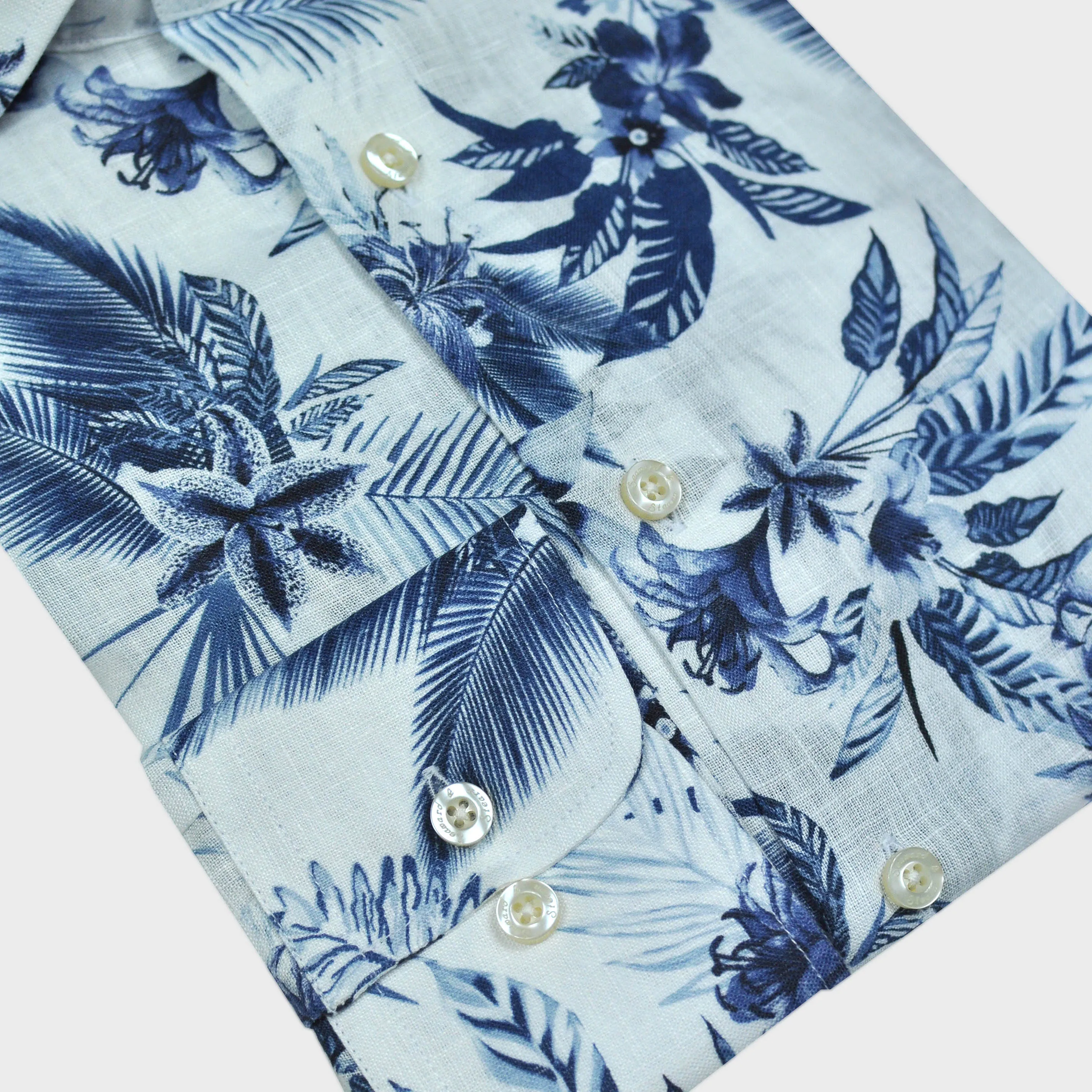 Flowery Linen Shirt in White & Blue