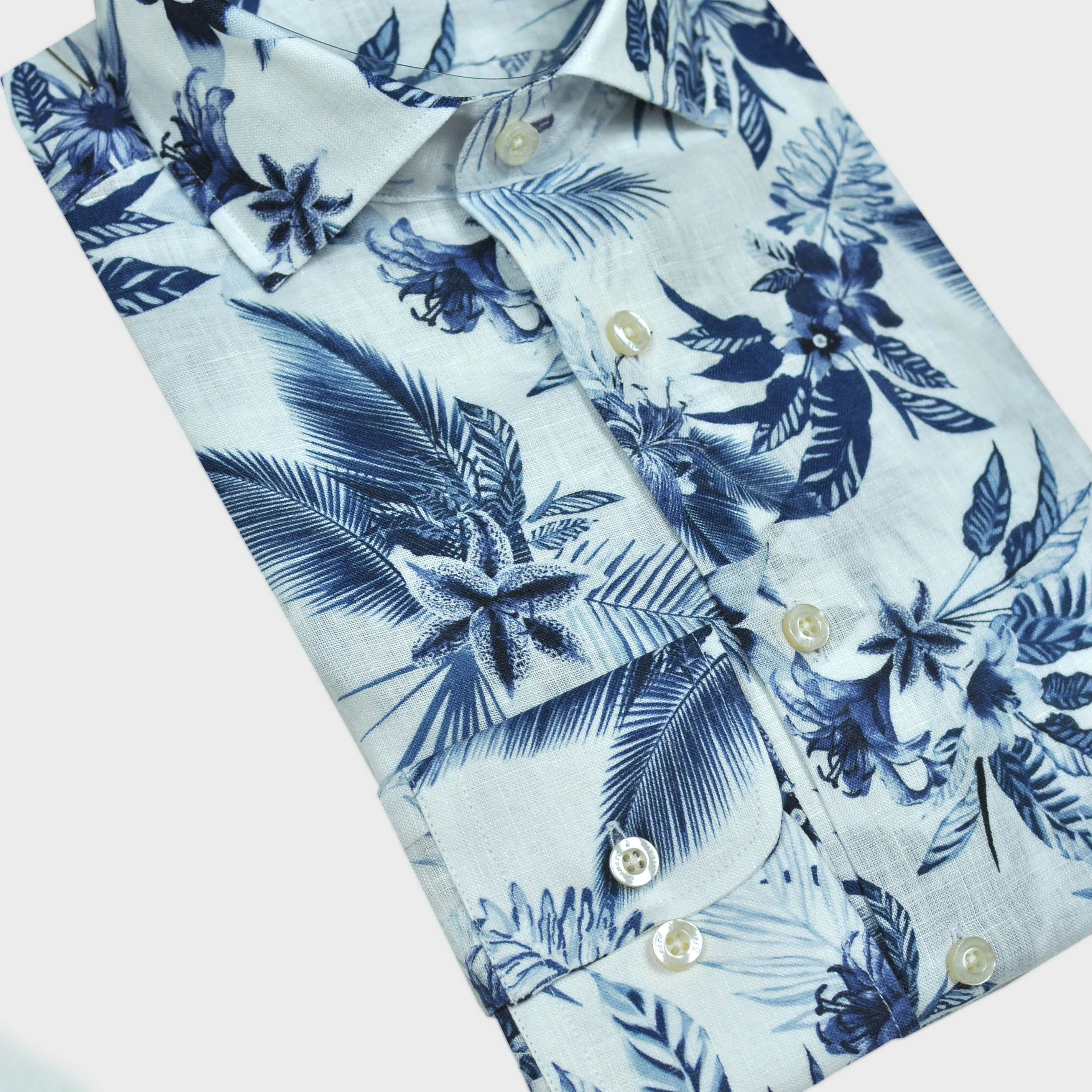 Flowery Linen Shirt in White & Blue
