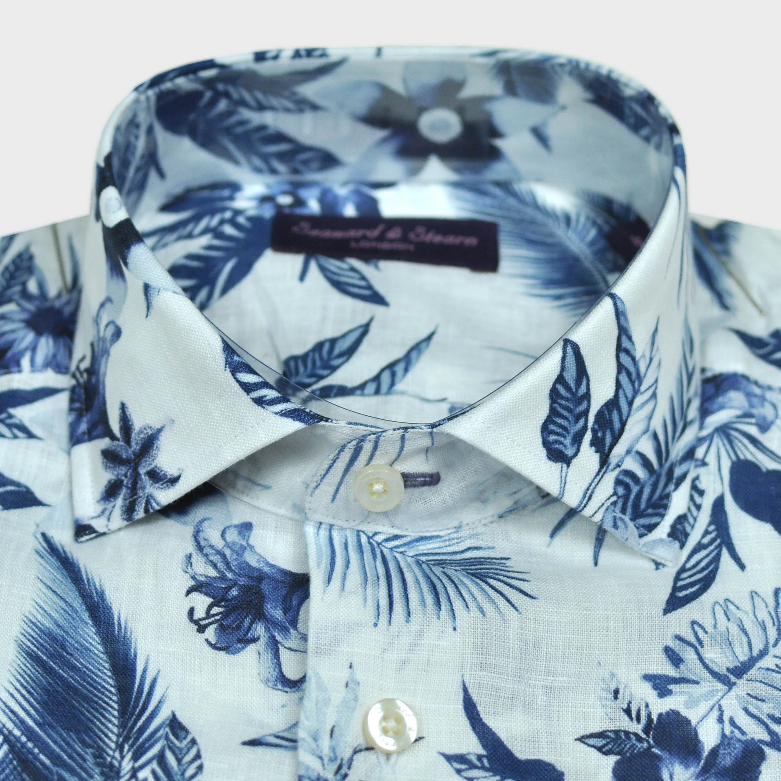 Flowery Linen Shirt in White & Blue