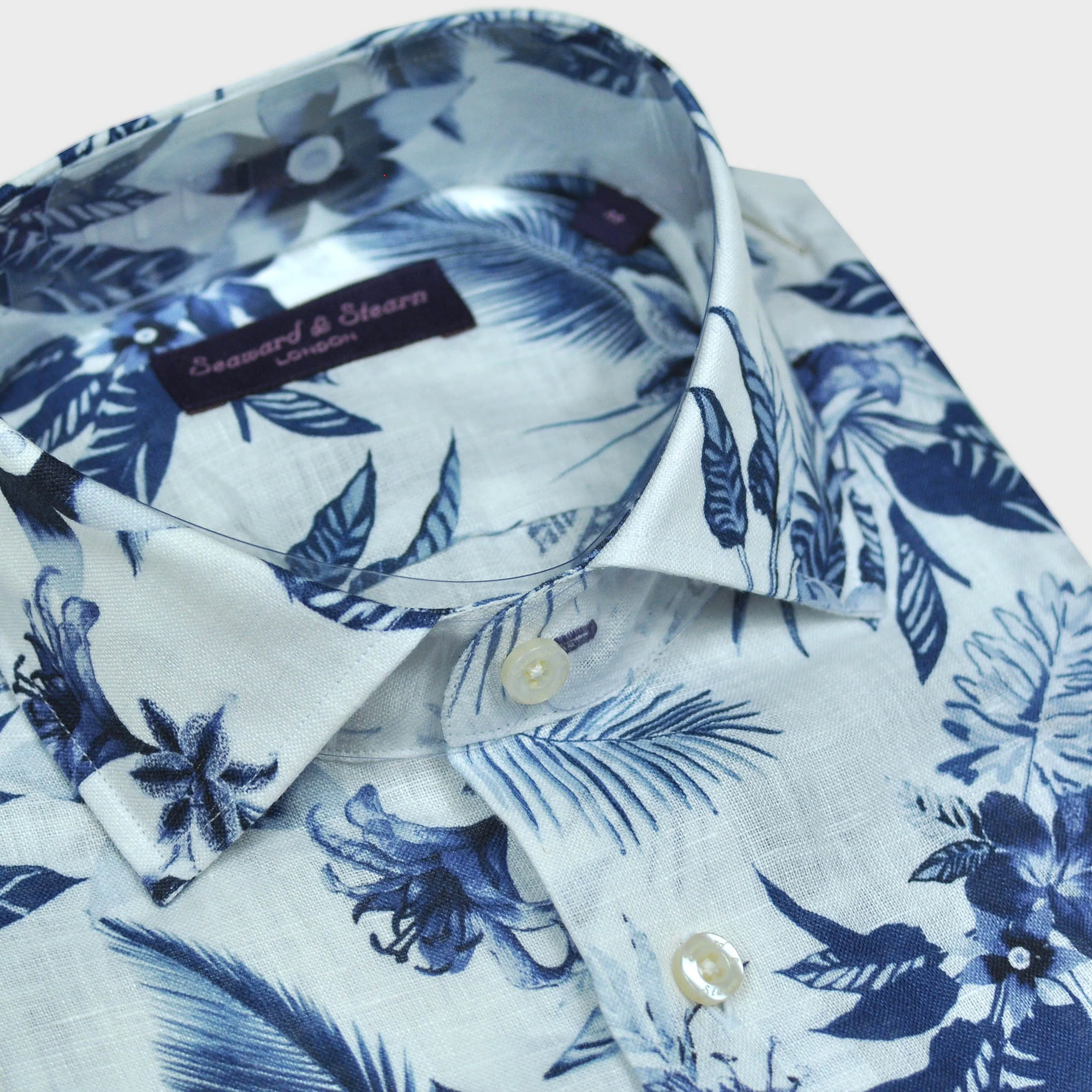 Flowery Linen Shirt in White & Blue