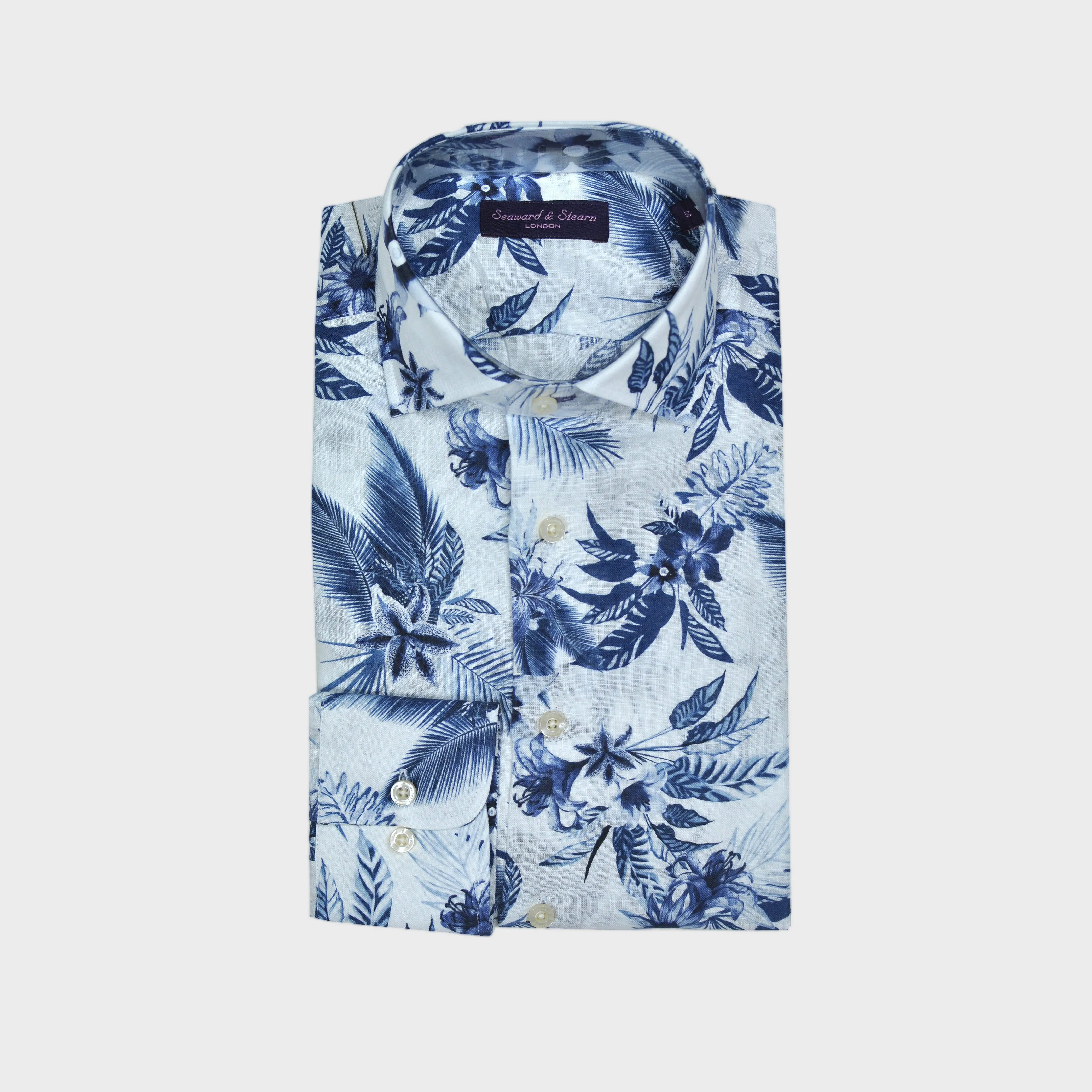 Flowery Linen Shirt in White & Blue