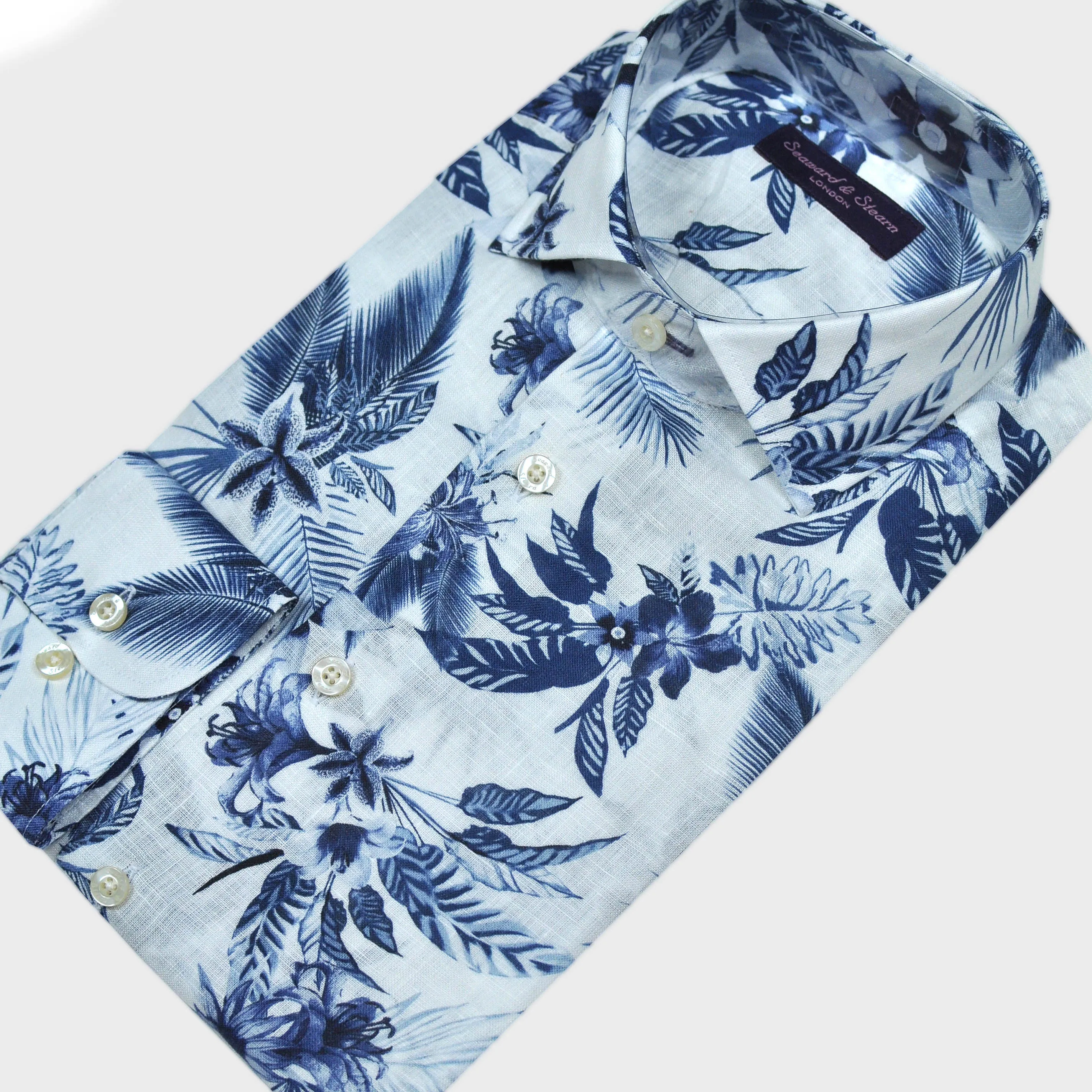 Flowery Linen Shirt in White & Blue