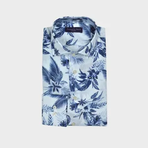 Flowery Linen Shirt in White & Blue
