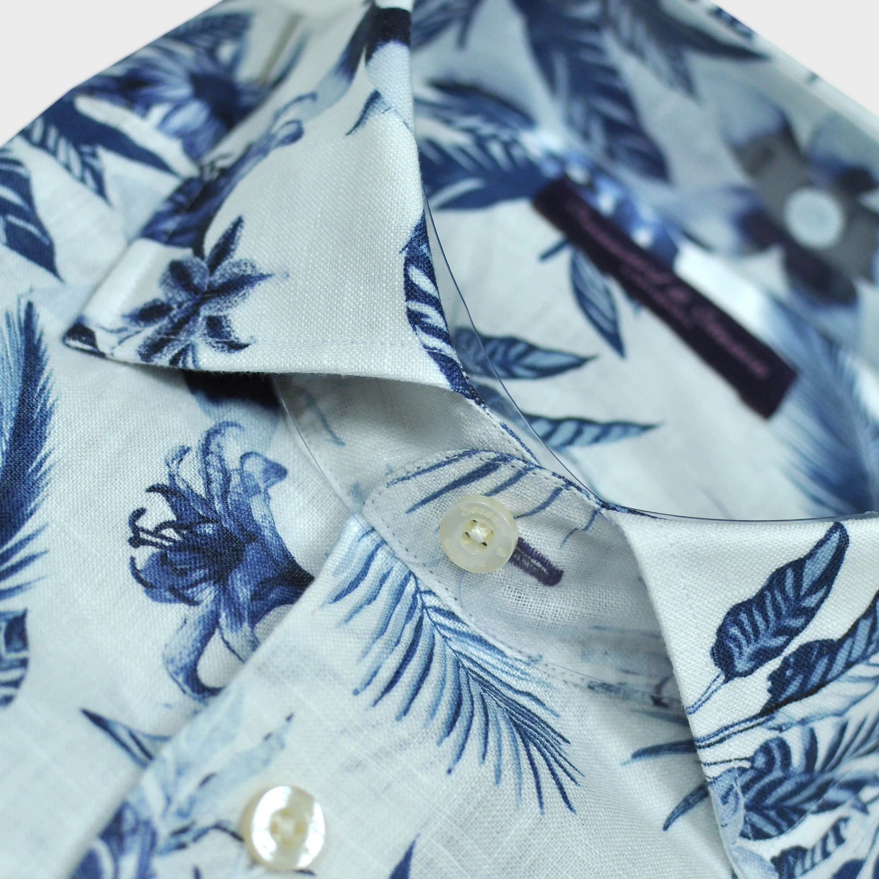Flowery Linen Shirt in White & Blue