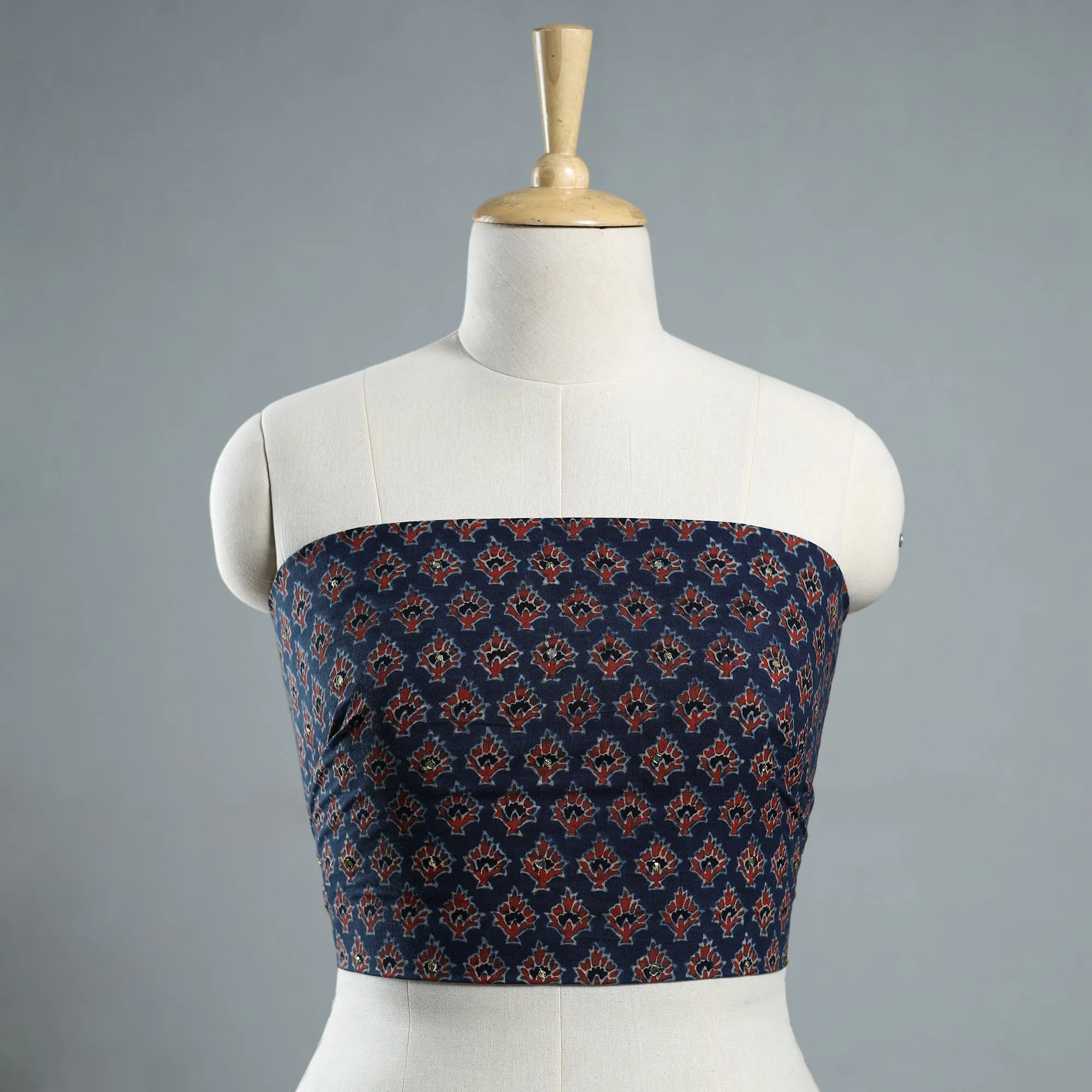 Hand Embroidered Ajrakh Cotton Blouse Piece 08