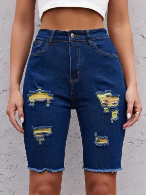 High-Rise Ripped Bermuda Denim Shorts – Vibrant Yellow Dye Details, Comfort Stretch Fabric & Casual Raw Edges – Perfect for Summer Outings