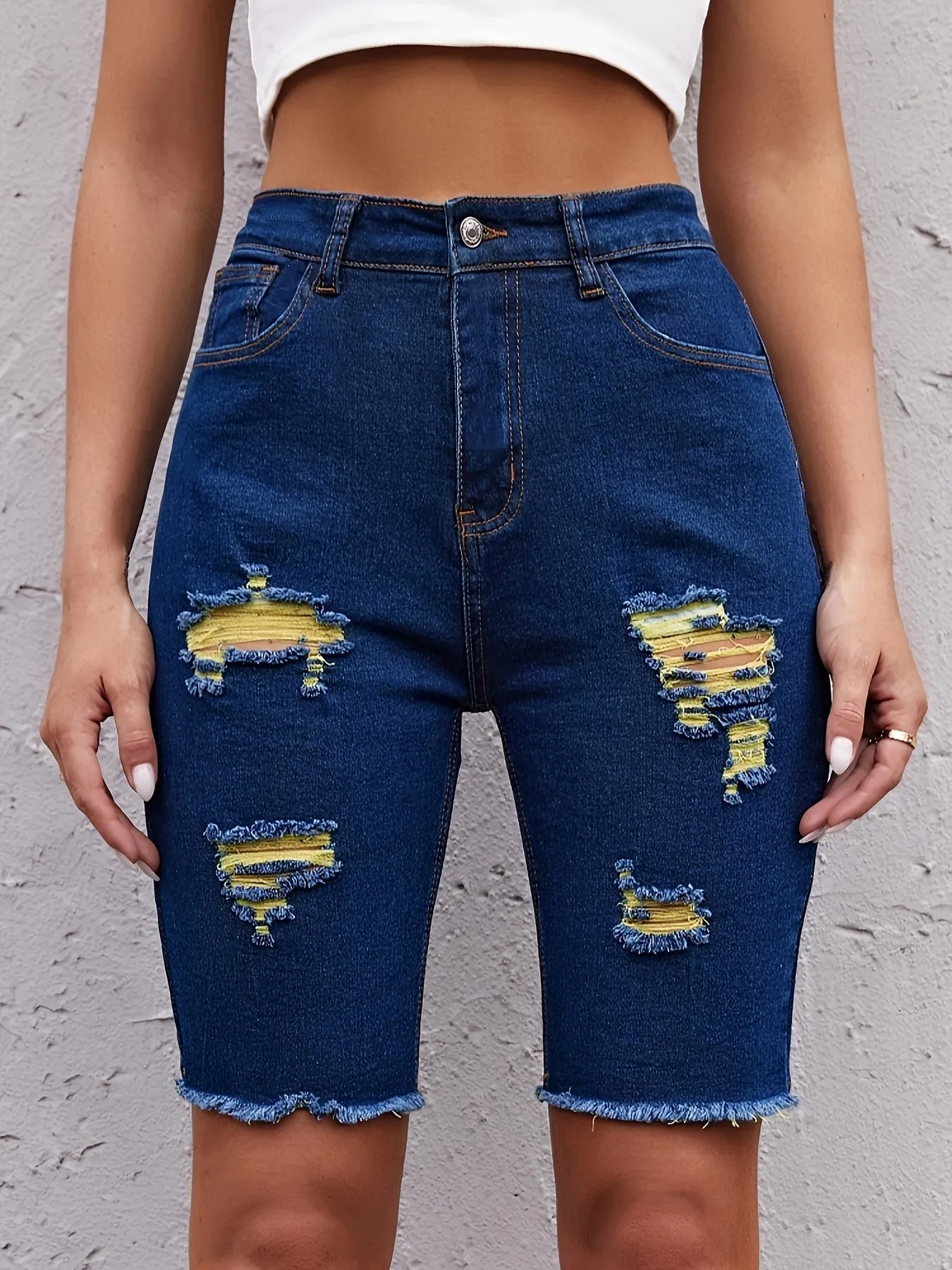 High-Rise Ripped Bermuda Denim Shorts – Vibrant Yellow Dye Details, Comfort Stretch Fabric & Casual Raw Edges – Perfect for Summer Outings