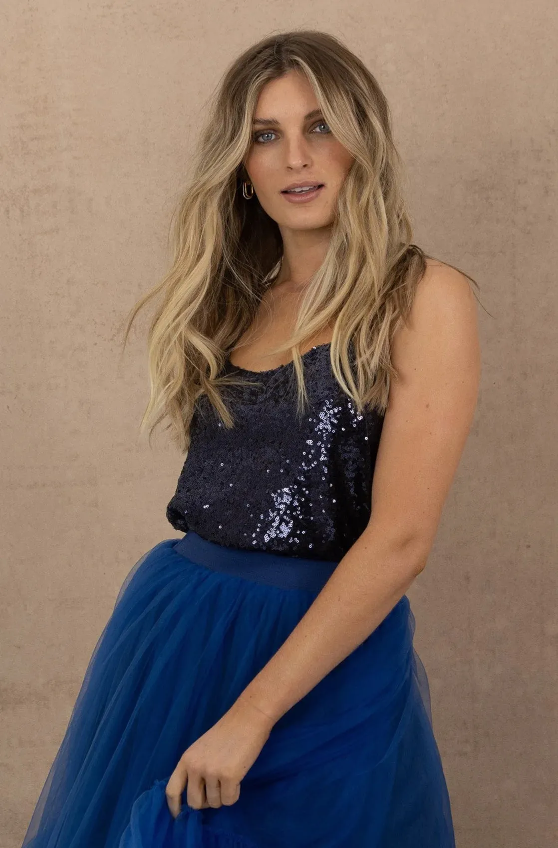 JOEY THE LABEL TWINKLE SEQUIN CAMI IN MIDNIGHT BLUE