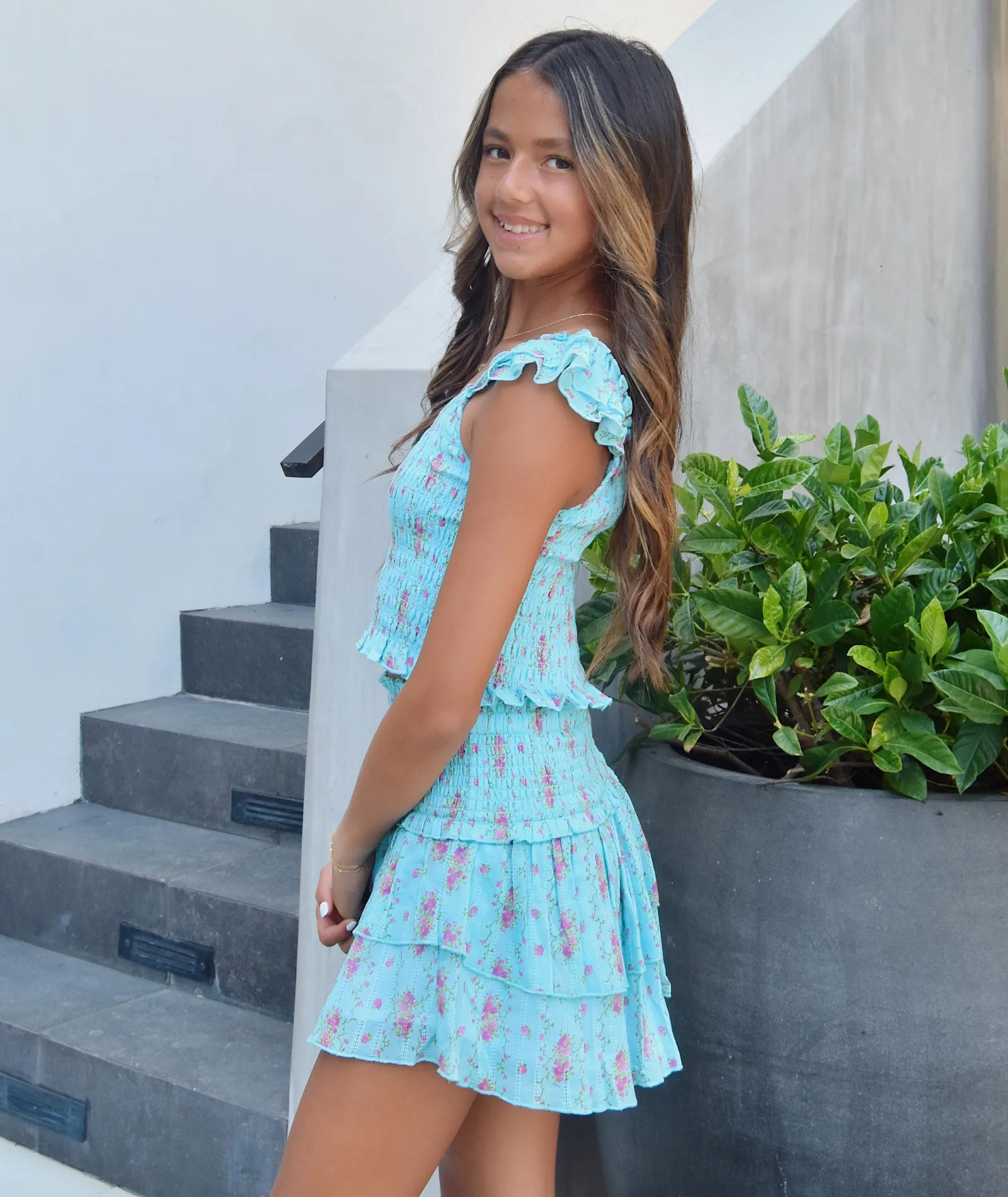Katie J NYC Girls Turquoise Floral Stripe Bianca Skirt