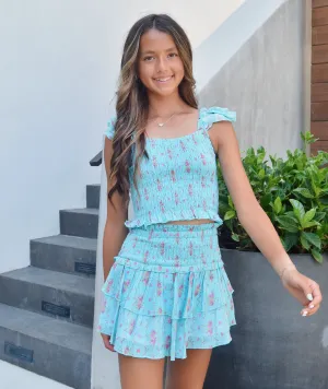Katie J NYC Girls Turquoise Floral Stripe Bianca Skirt