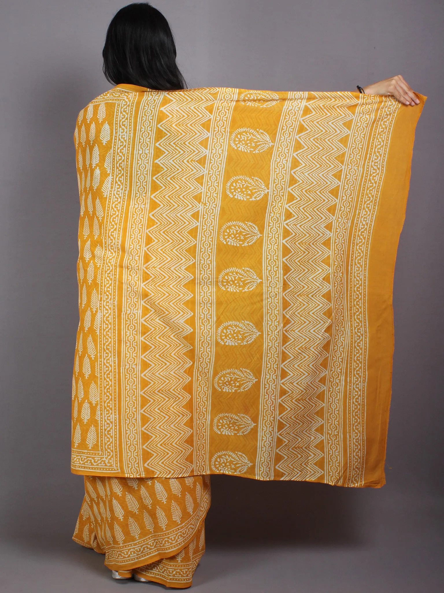 Mustard Yellow Beige Hand Block Printed Cotton Saree in Natural Colors - S03170575