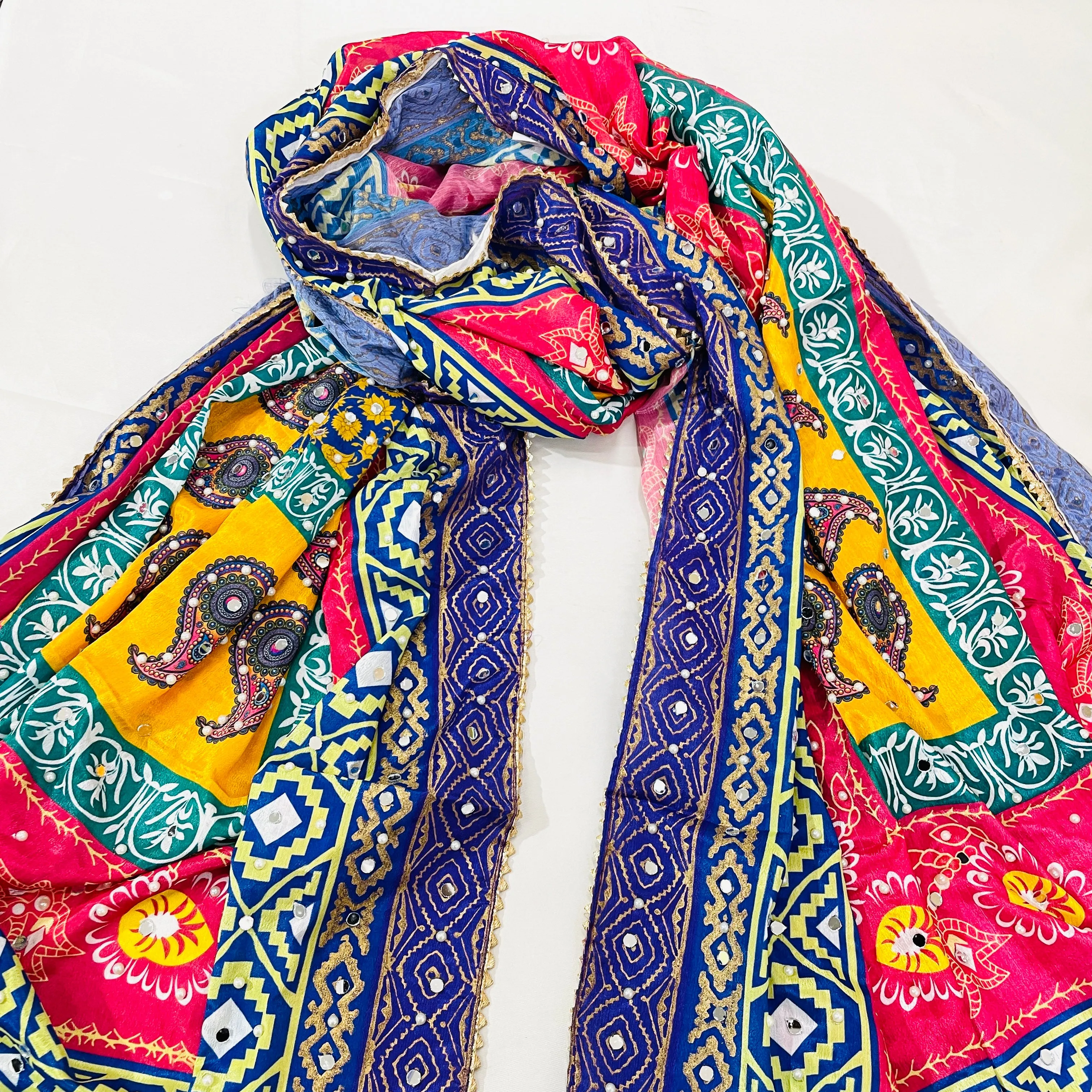 Mutlicolor Traditional Pearl &  Mirror Work Silk Dupatta