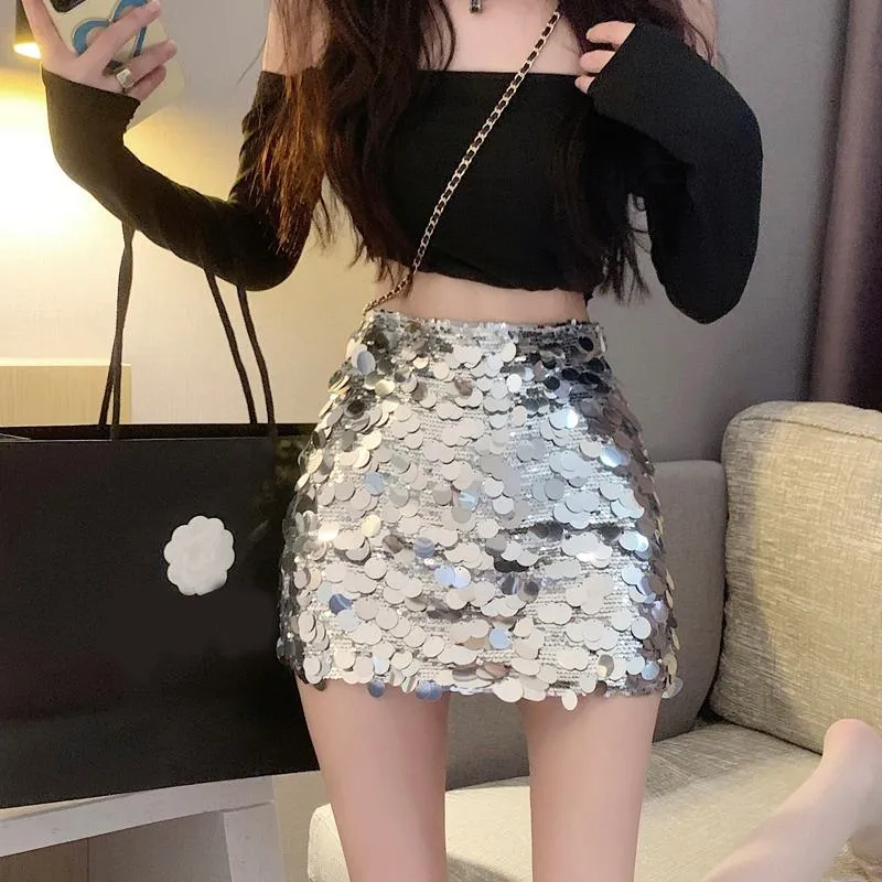 Niche High-Waisted Sequined Bodycon Skirt