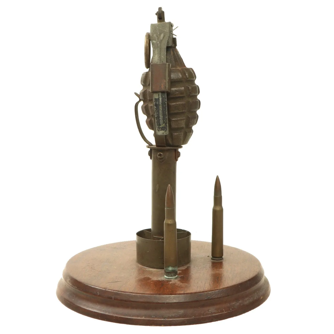 Original U.S. WWII Trench Art Desk Lighter made from MkII Pineapple Grenade & Rifle Grenade Fins