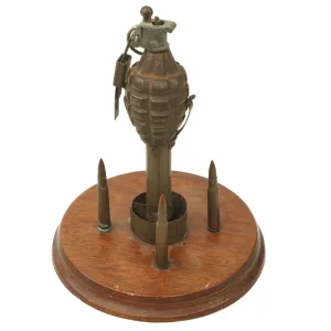 Original U.S. WWII Trench Art Desk Lighter made from MkII Pineapple Grenade & Rifle Grenade Fins