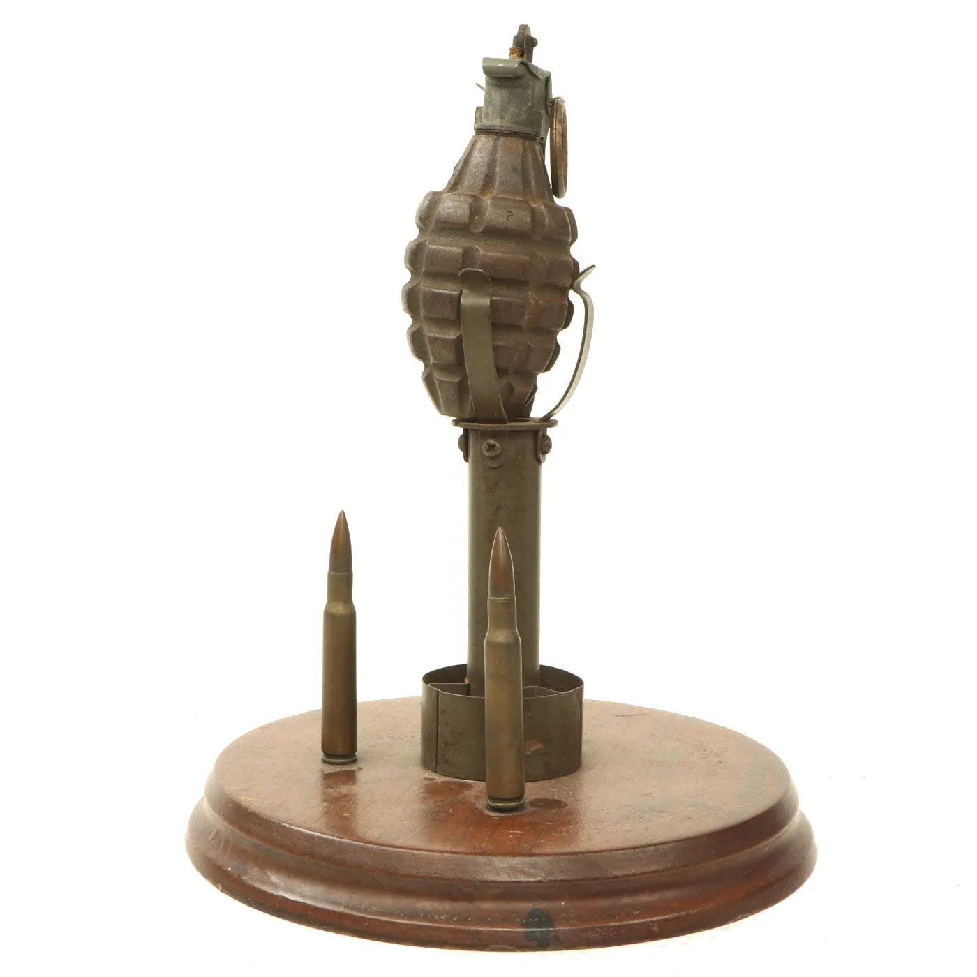 Original U.S. WWII Trench Art Desk Lighter made from MkII Pineapple Grenade & Rifle Grenade Fins