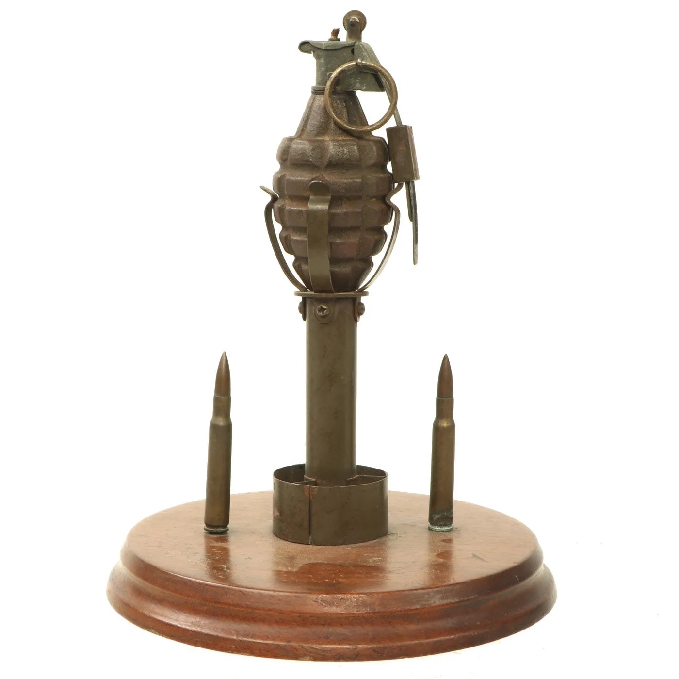 Original U.S. WWII Trench Art Desk Lighter made from MkII Pineapple Grenade & Rifle Grenade Fins