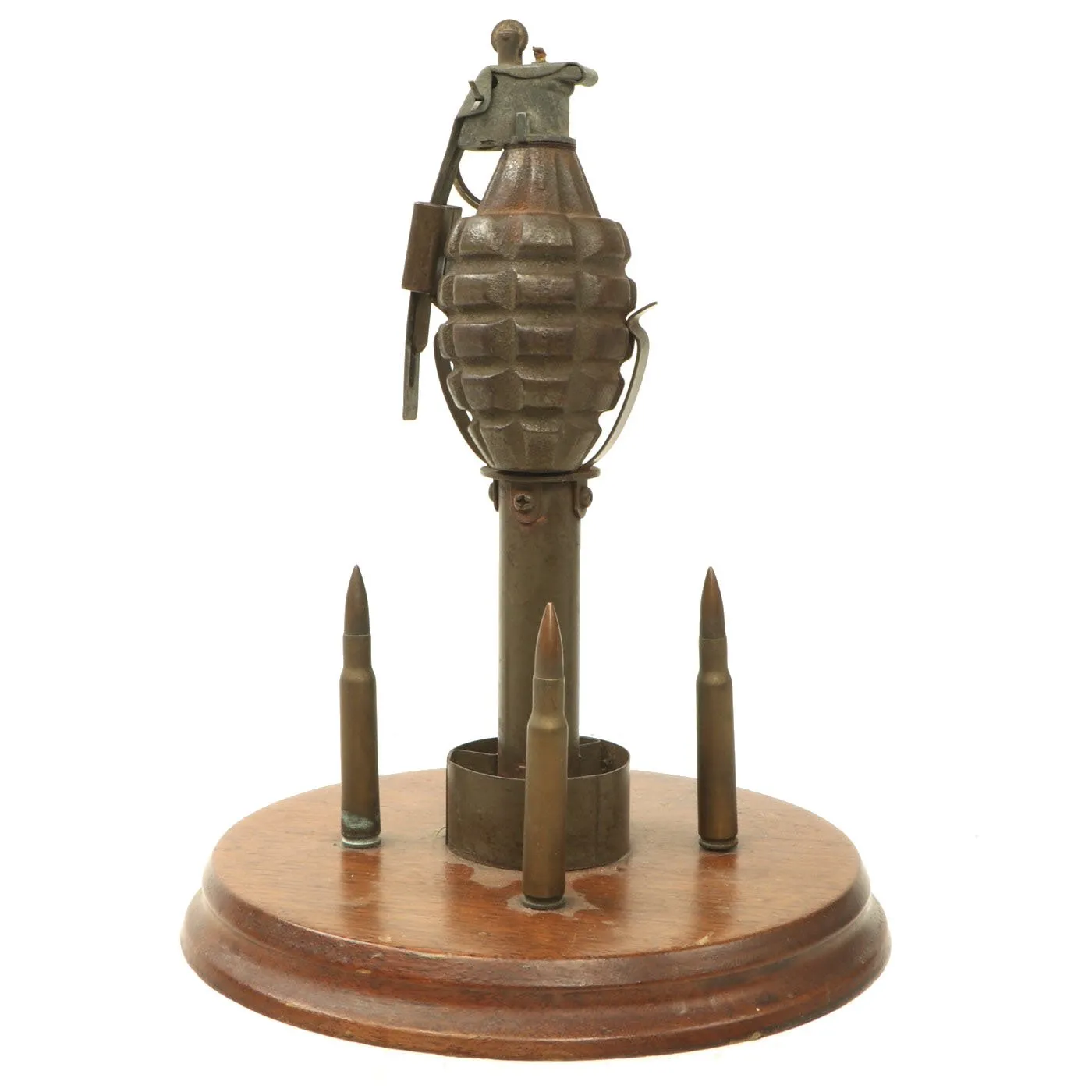 Original U.S. WWII Trench Art Desk Lighter made from MkII Pineapple Grenade & Rifle Grenade Fins
