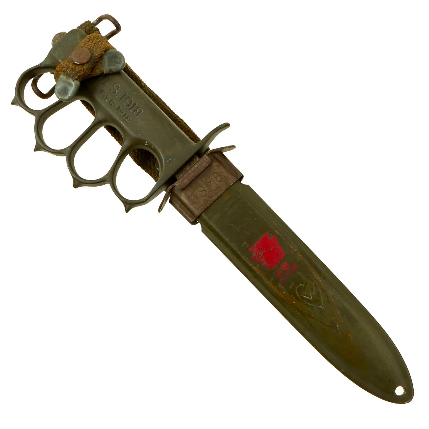 Original U.S. WWI/WWII Model 1918 Mark 1 Trench Knife “Paratrooper” Modified with 28th Infantry Division Marked M8 Scabbard