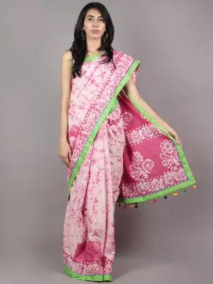 Pink Ivory Hand Batik & Block Printed Cotton Saree With Green Border & Tassels - S031701726