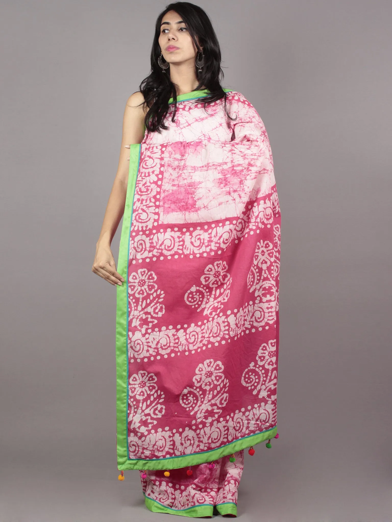 Pink Ivory Hand Batik & Block Printed Cotton Saree With Green Border & Tassels - S031701726