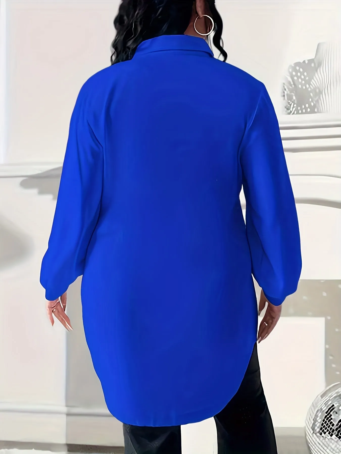 Elegant Plus Size Womens Long Sleeve Shirt with Lapel Collar - Button-Down, Solid Color, Stretchy Woven Polyester - Ideal for Spring and Fall Seasons