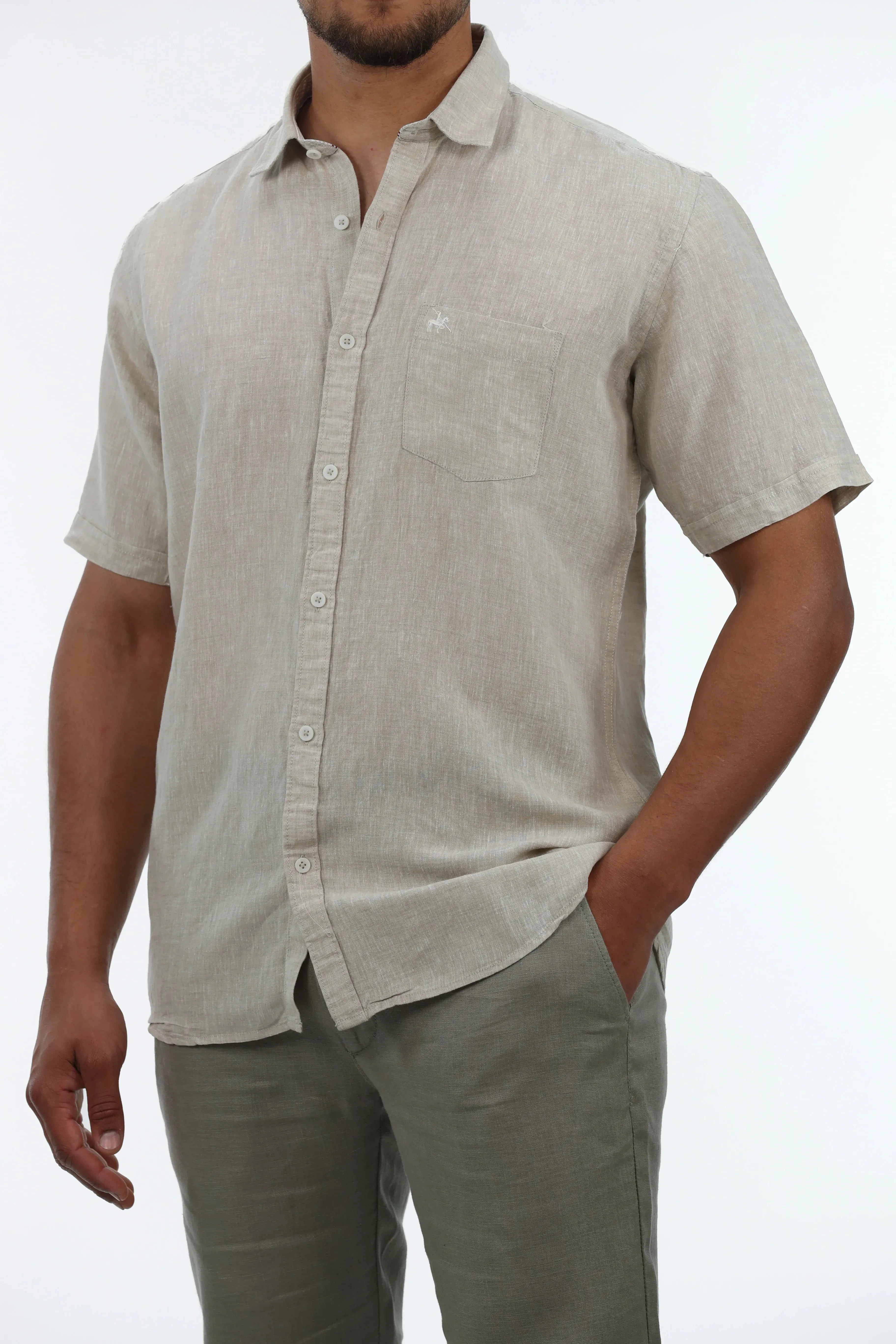 Short Sleeved Beige Linen Shirt